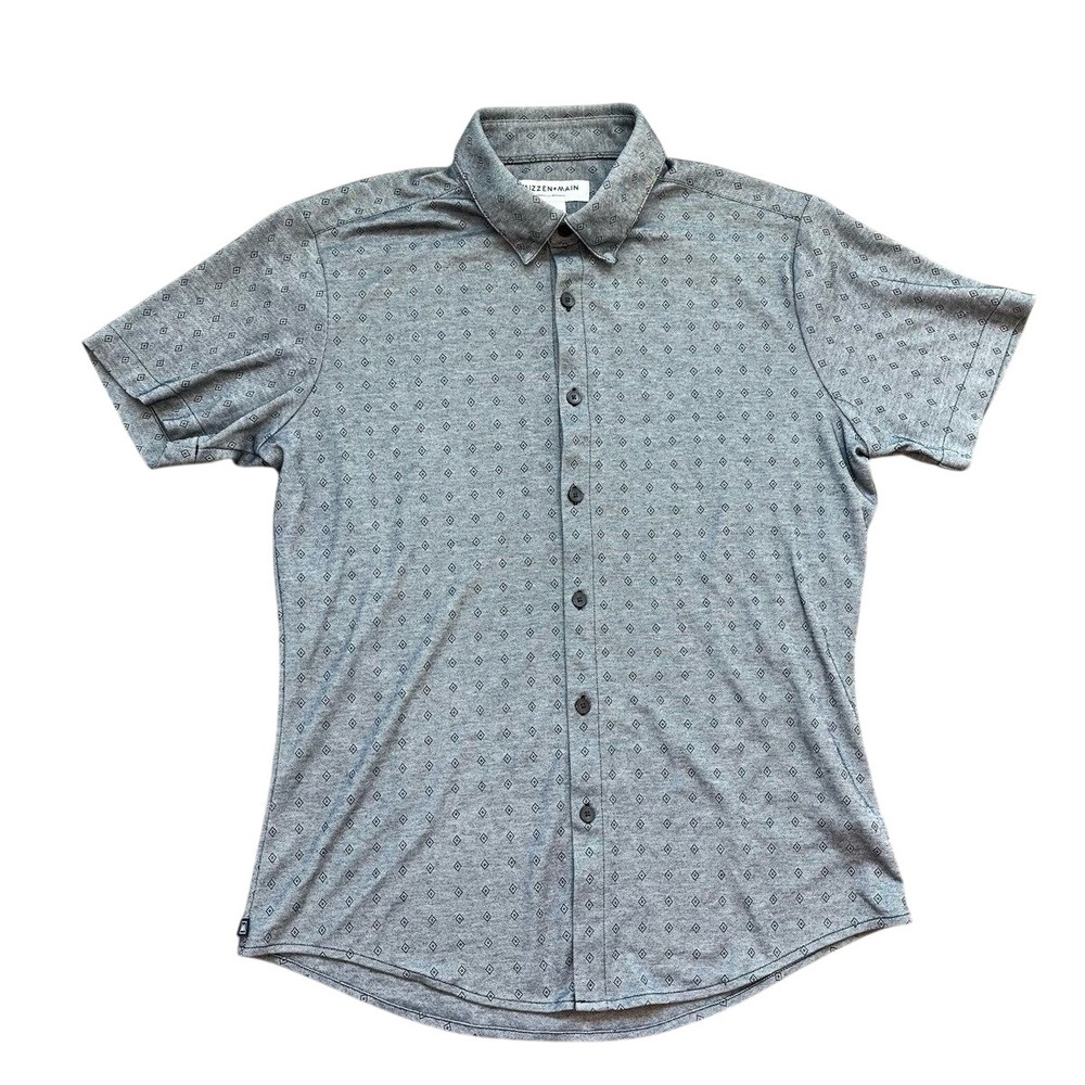 Mizzen+Main Shirt Short Sleeve Grey Diamond Geometric‎ Performance Medium Trim